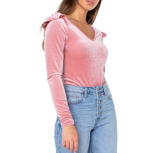Celebrity Pink XL Rose Pink Velvet Long Sleeve Bodysuit Ruffle Shoulder Detail - Picture 1 of 15